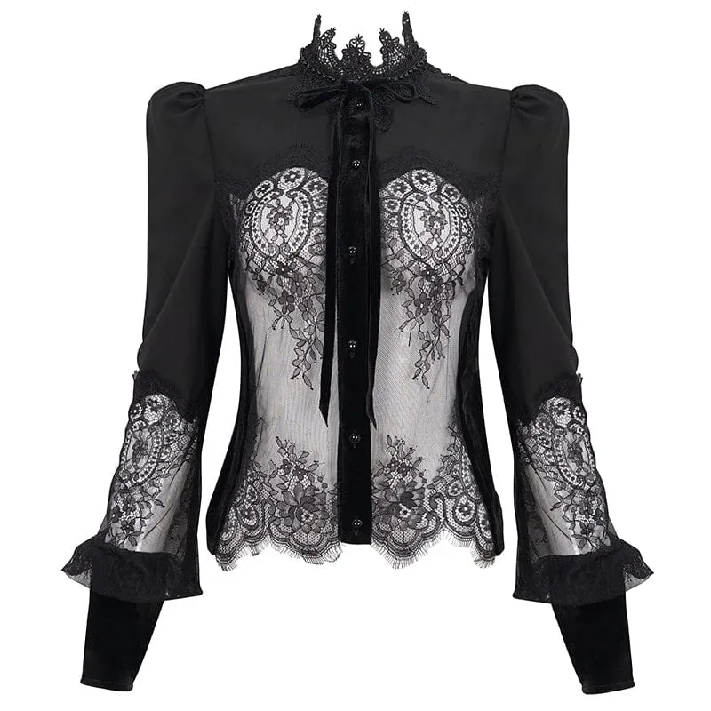Damen Gothic Puffärmel Spitzenhemd mit Fliege
