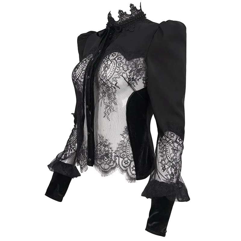 Damen Gothic Puffärmel Spitzenhemd mit Fliege