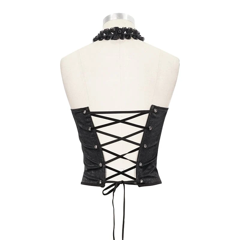 Damen-Gothic-Nieten-Blumen-Vollbrust-Korsetts mit Spitzen-Halsband