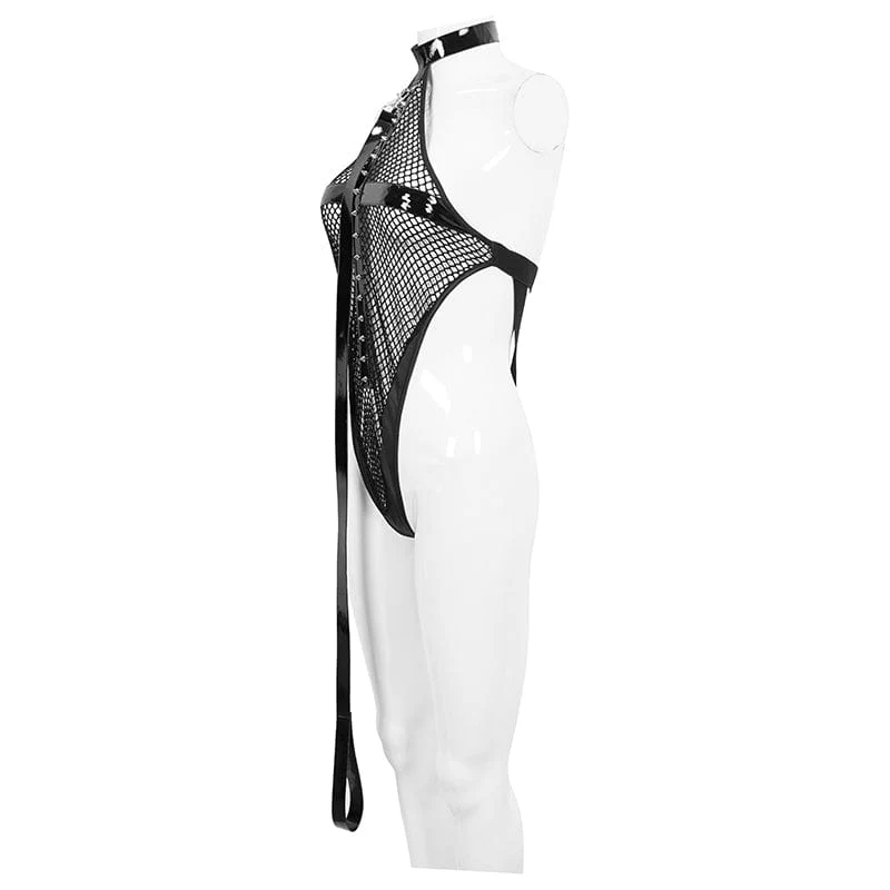 Gothic Sexy Mesh-Bodysuit für Damen mit Leine