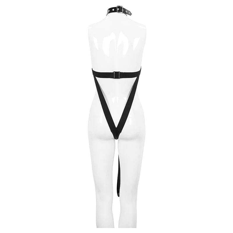 Gothic Sexy Mesh-Bodysuit für Damen mit Leine