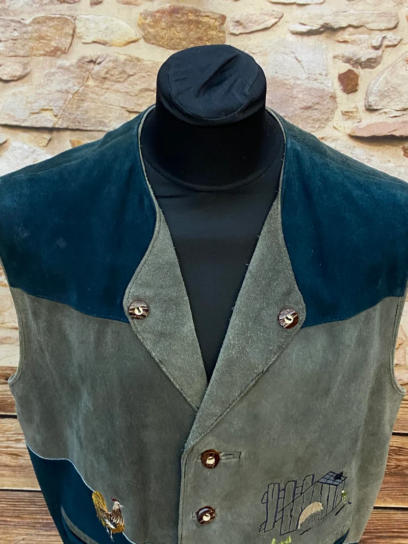 Vintage Trachtenweste Herren Grün Blau Gr. 52 mit Stickerei