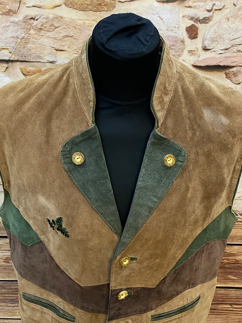 Vintage Trachtenweste Herren echtes Leder braun grün Gr. 52 – Veloursleder Unikat