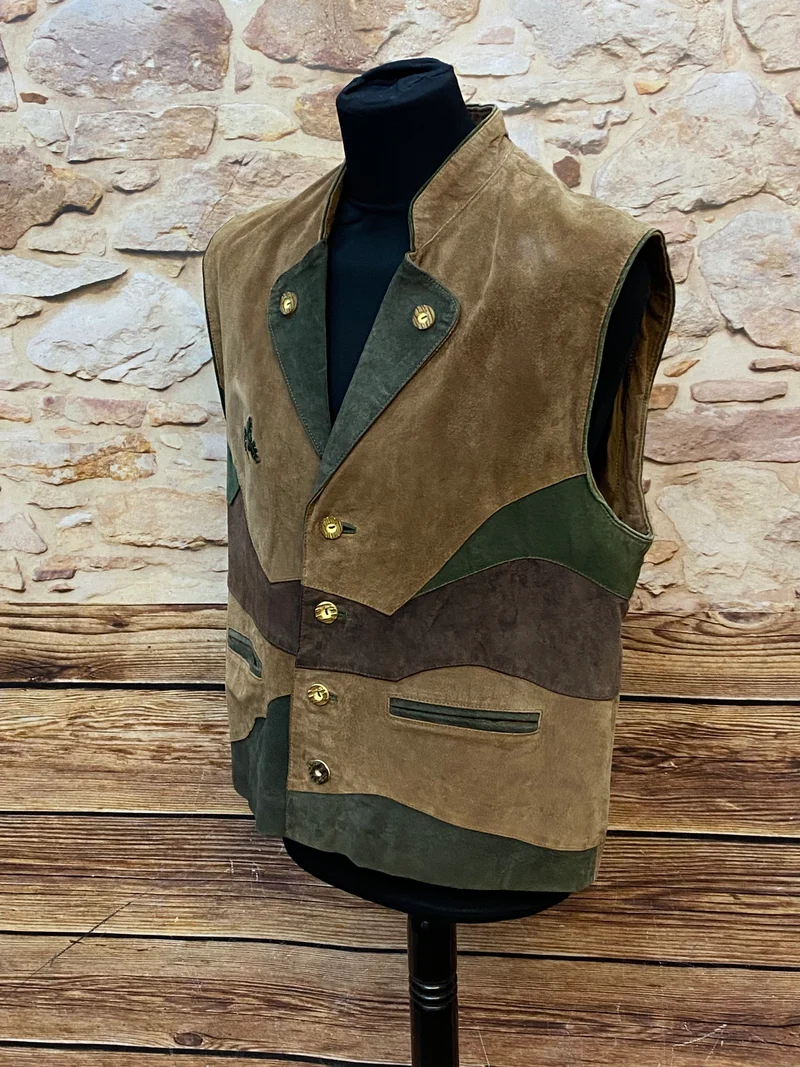 Vintage Trachtenweste Herren echtes Leder braun grün Gr. 52 – Veloursleder Unikat