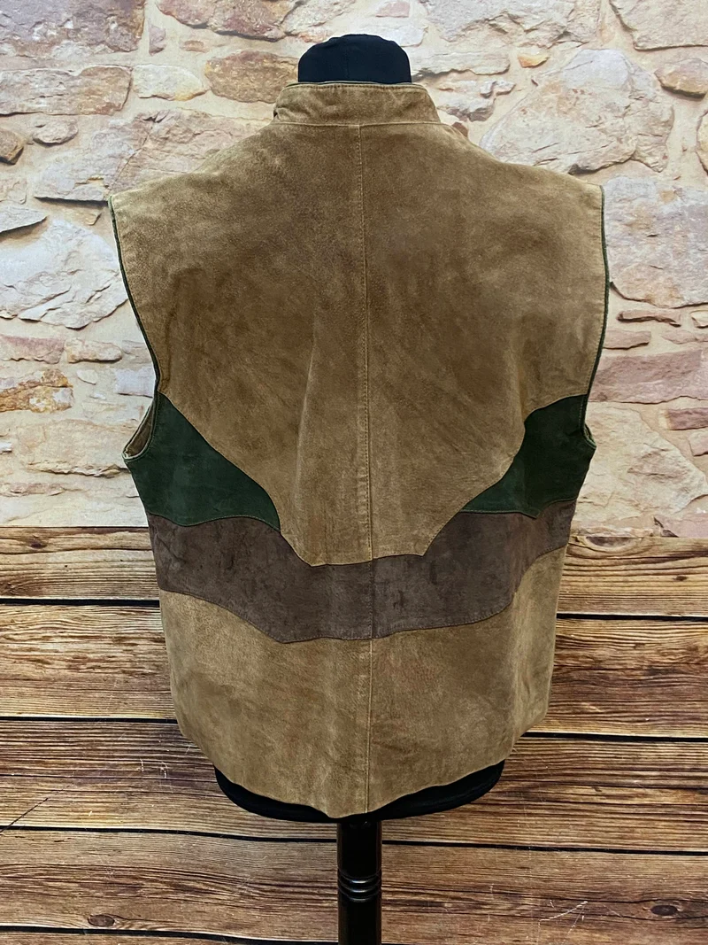 Vintage Trachtenweste Herren echtes Leder braun grün Gr. 52 – Veloursleder Unikat