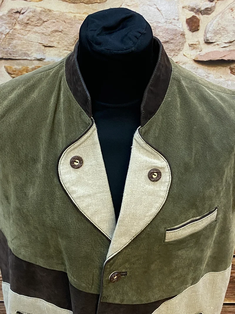 Vintage Trachtenweste Herren Leder grün beige Gr. 52 – echtes Leder Unikat
