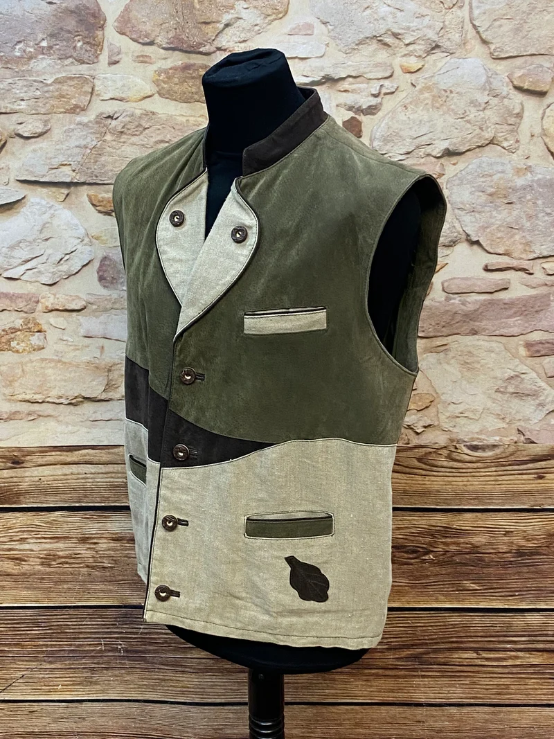 Vintage Trachtenweste Herren Leder grün beige Gr. 52 – echtes Leder Unikat