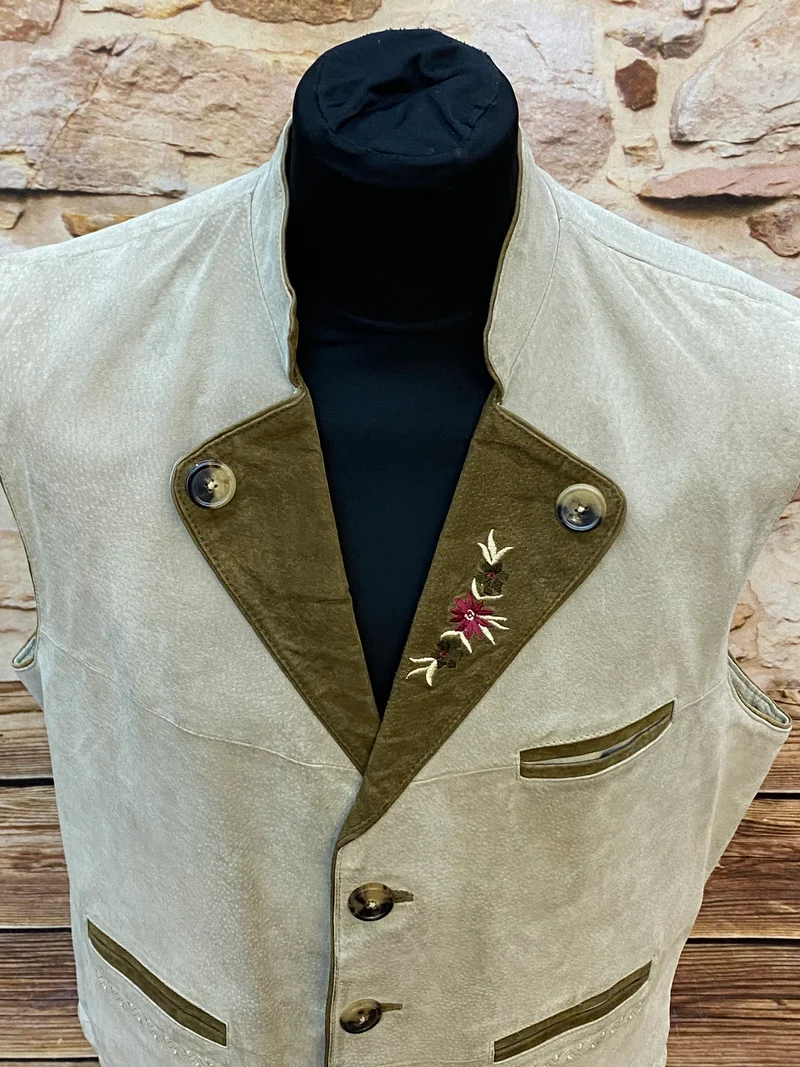 Vintage Trachtenweste Leder Beige mit Stickerei – Gr. 52