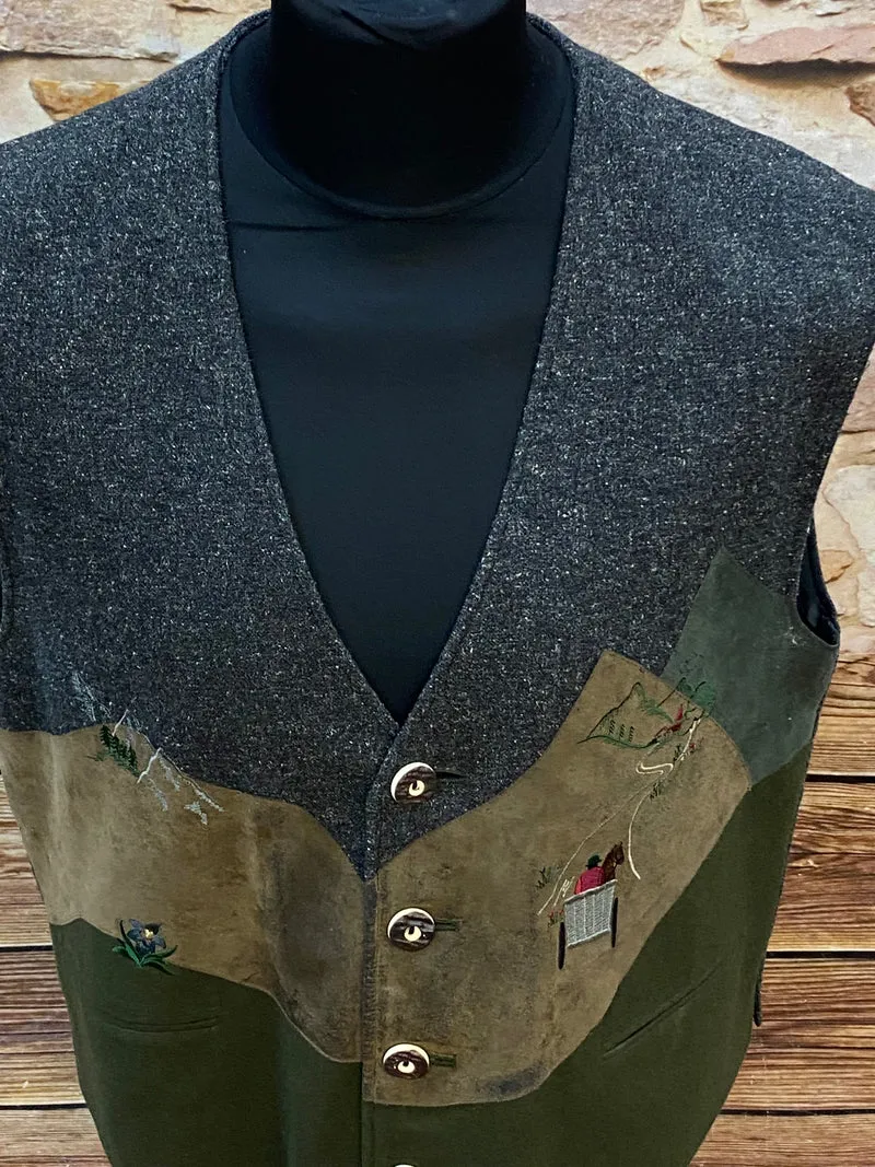 Vintage Trachtenweste Loden mit Alpen Stickerei – Gr. 52