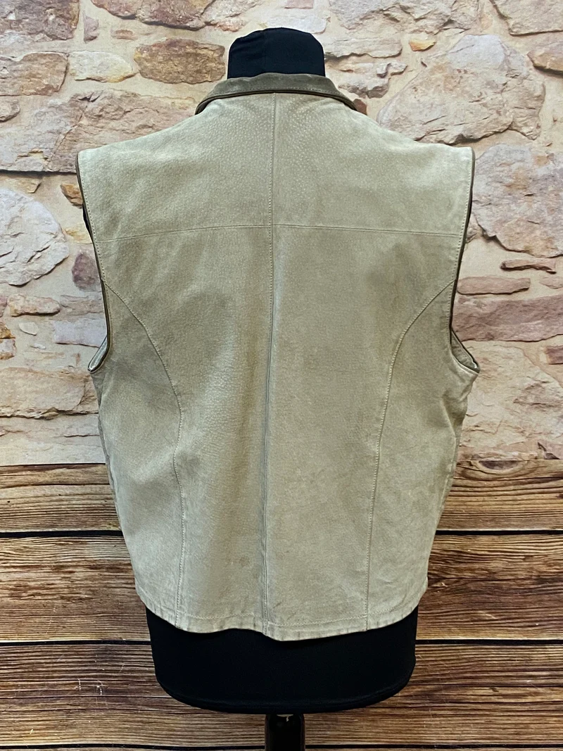 Vintage Trachtenweste Leder Beige mit Stickerei – Gr. 52
