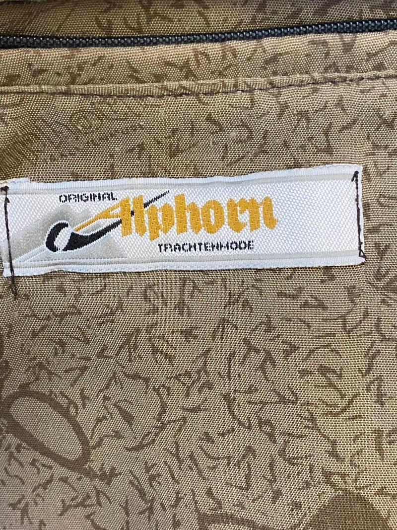 Vintage Trachtenweste Leder „Alphorn“ Braun/Grün mit Stickerei – Gr. 27