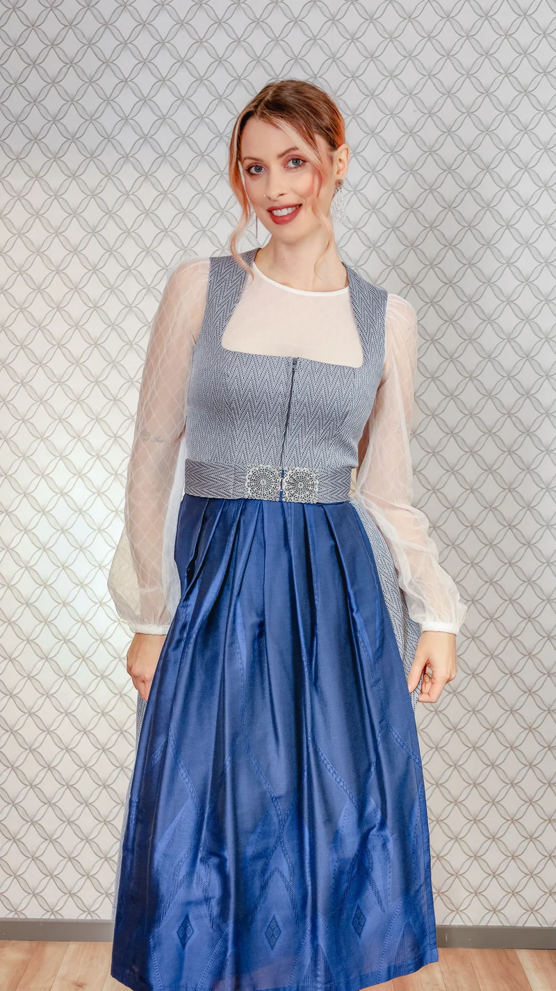 Stretch Dirndl Goldstich grau/blau 75cm