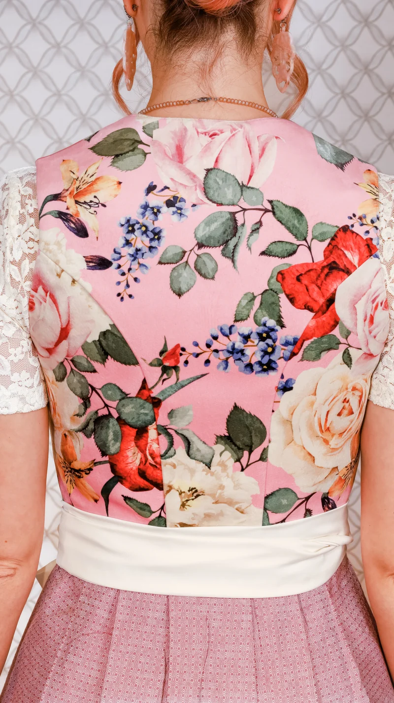 Samtdirndl Goldstich Blumen Rosa 75cm