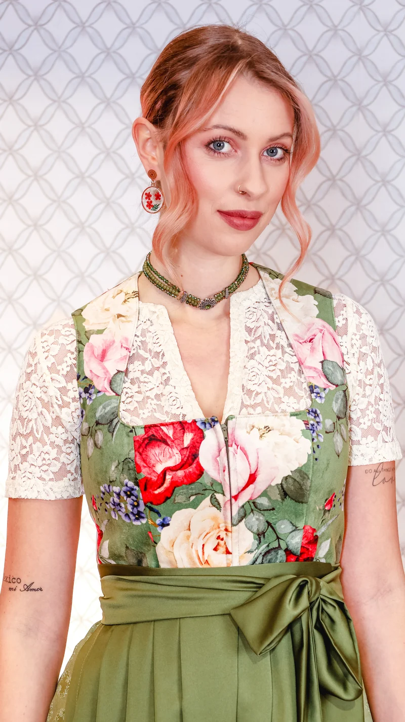 Samtdirndl Goldstich Blumen grün 75cm