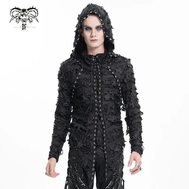 Zerrissene Gothic-Kapuzenpullover mit Schnürung und Nieten für Herren