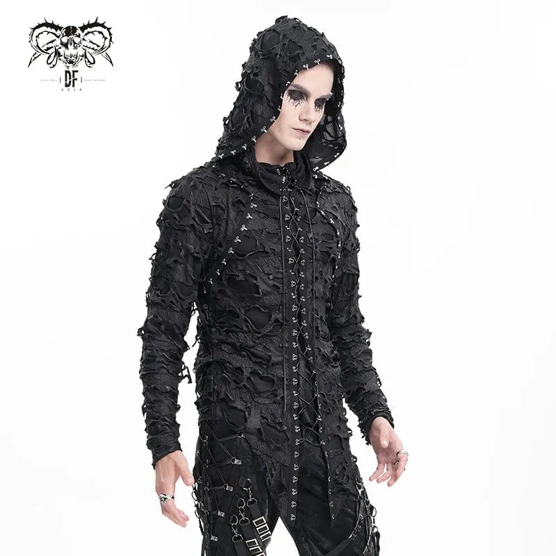 Zerrissene Gothic-Kapuzenpullover mit Schnürung und Nieten für Herren