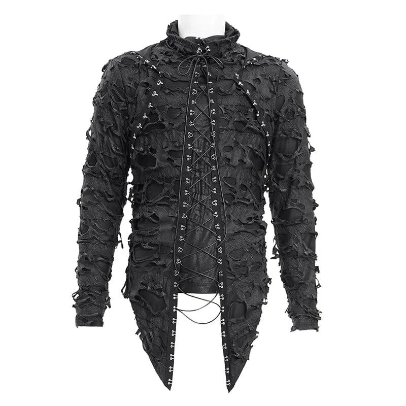 Zerrissene Gothic-Kapuzenpullover mit Schnürung und Nieten für Herren