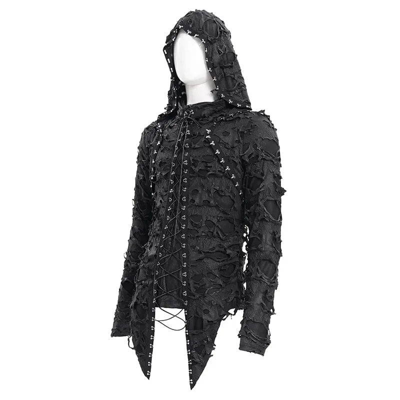 Zerrissene Gothic-Kapuzenpullover mit Schnürung und Nieten für Herren