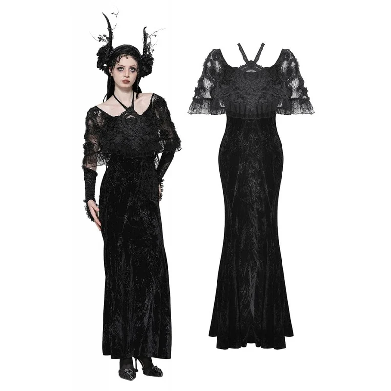 Gothic-Abendkleid mit Rosenstickerei aus Samt für Damen, Meerjungfrauen-Stil, Hochzeitskleid