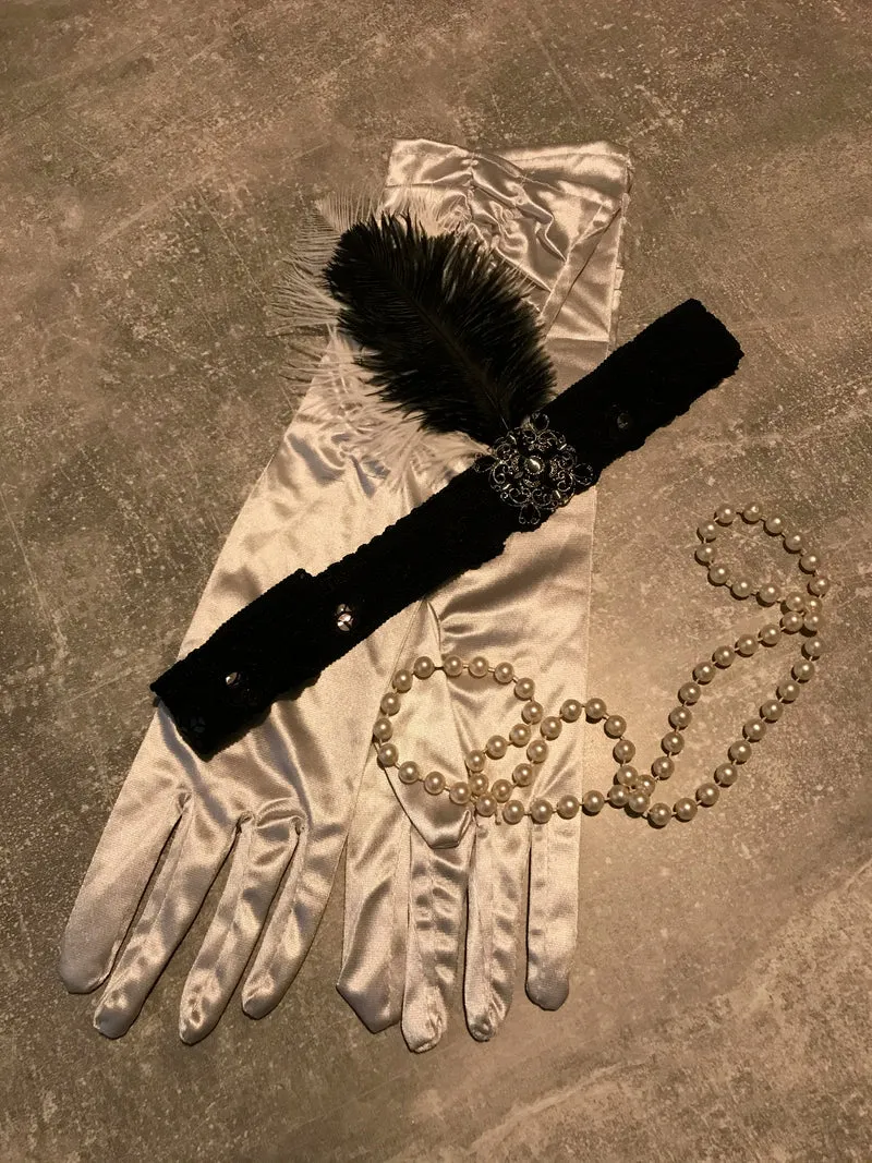 Charleston Kopfschmuck Set mit Handschuhen und Perlenkette
