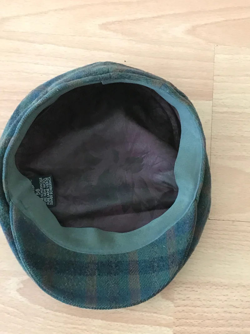 Vintage Schiebermütze Karo Grün-Braun aus Schurwolle – Größe 56