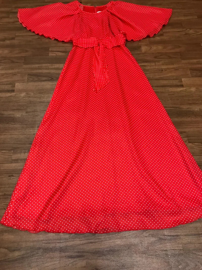 70s Vintage Maxi-Polkadotkleid – Größe 36