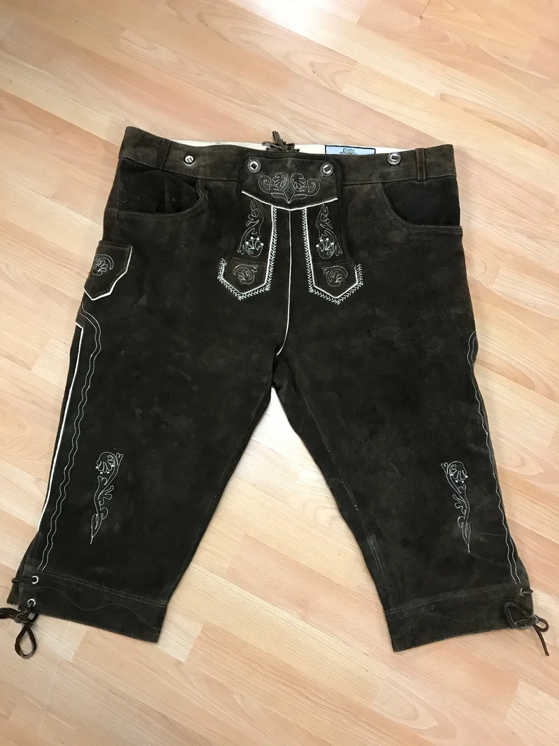 Trachtenlederhose - Kniebund - von Edelnice – Herren | Dunkelbraun | Bestickt | Bundweite 56 cm | Vintage 112 cm Gr.56