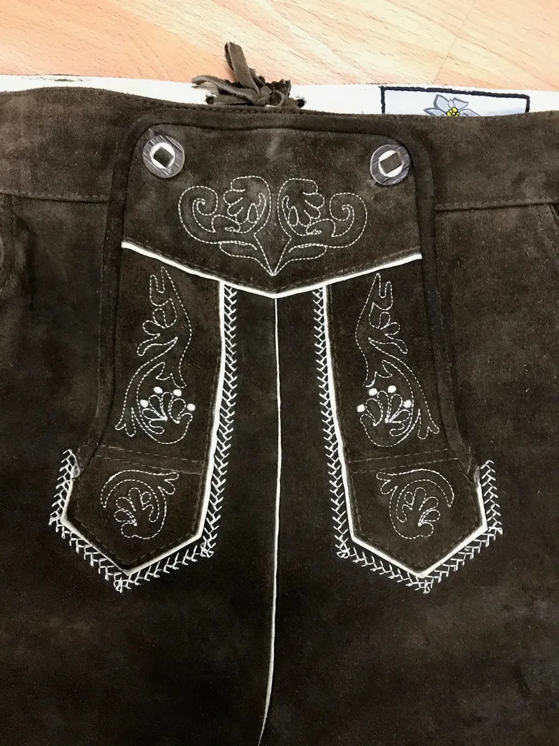 Trachtenlederhose - Kniebund - von Edelnice – Herren | Dunkelbraun | Bestickt | Bundweite 56 cm | Vintage 112 cm Gr.56