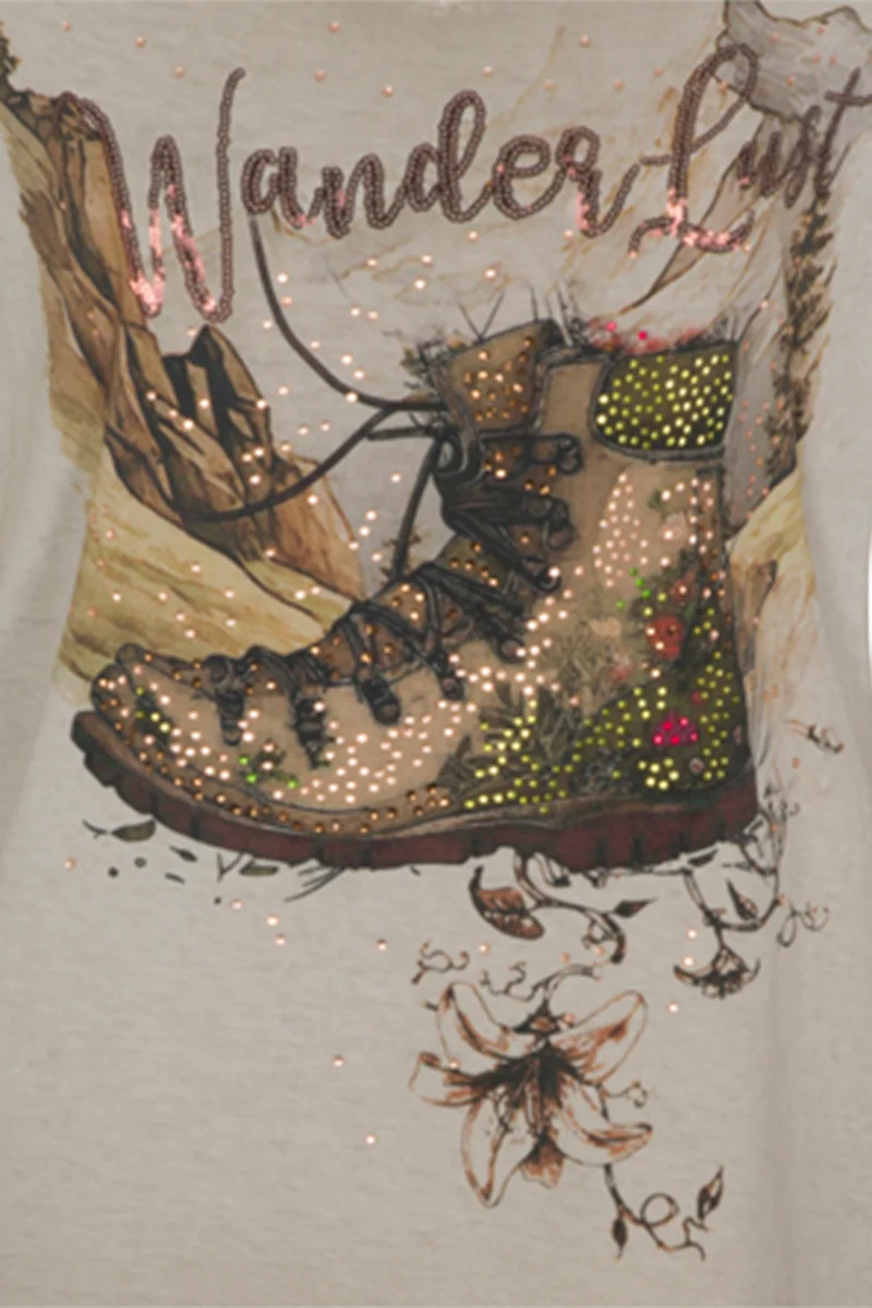 Damen T-Shirt mit Paillettenschrift 'Wanderlust"