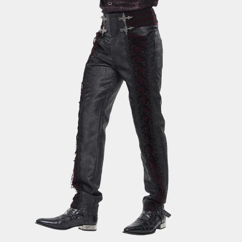 Gothic-Samthose für Herren mit Schnürung und gekreuzten Details, Schwarz-Rot