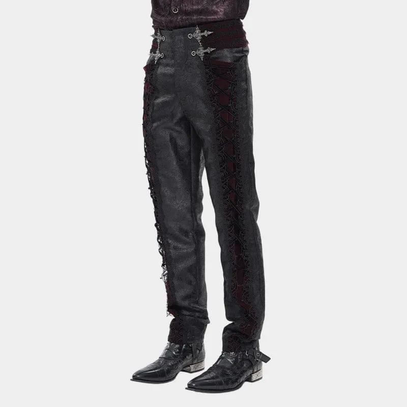 Gothic-Samthose für Herren mit Schnürung und gekreuzten Details, Schwarz-Rot