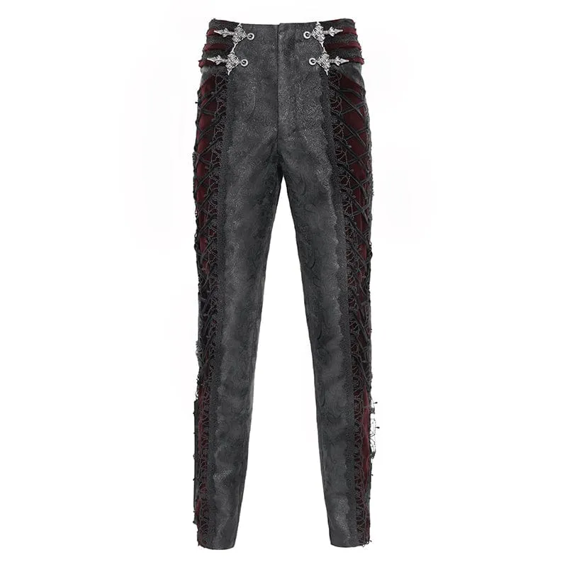 Gothic-Samthose für Herren mit Schnürung und gekreuzten Details, Schwarz-Rot