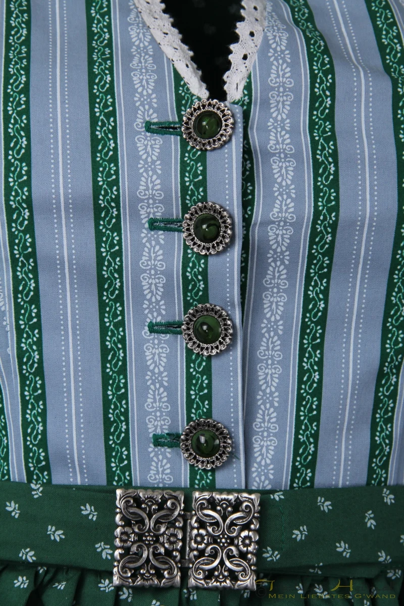 Vintage Baumwolldirndl blau grün gestreift mit Schließe 65cm