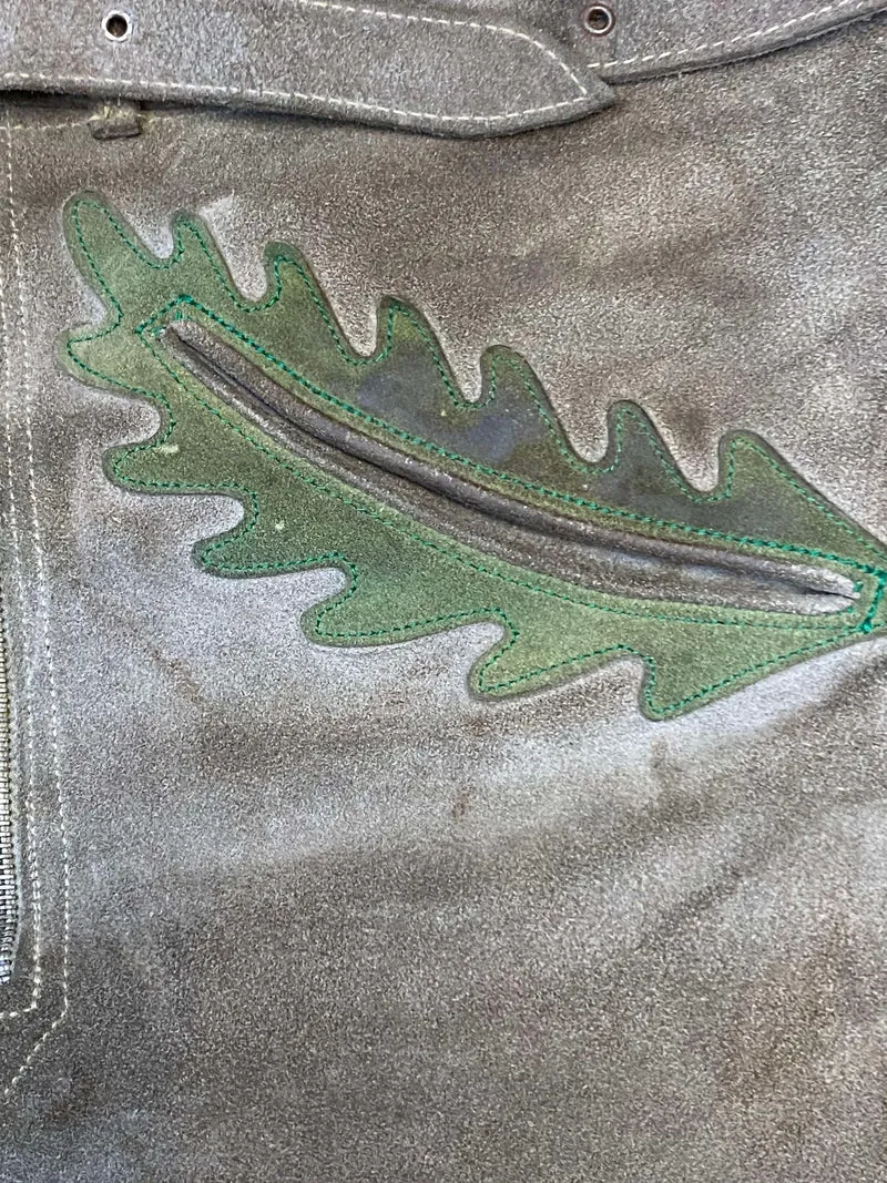 Kurze Lederhose 60er Doppelzipp Eichenlaub grau Bayern Rothenburg Unikat