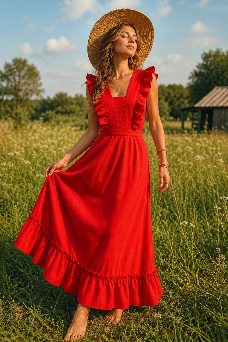 1970er Vintage Kleid rot mit Volants Gr. 44 – romantisches Boho Maxi Kleid