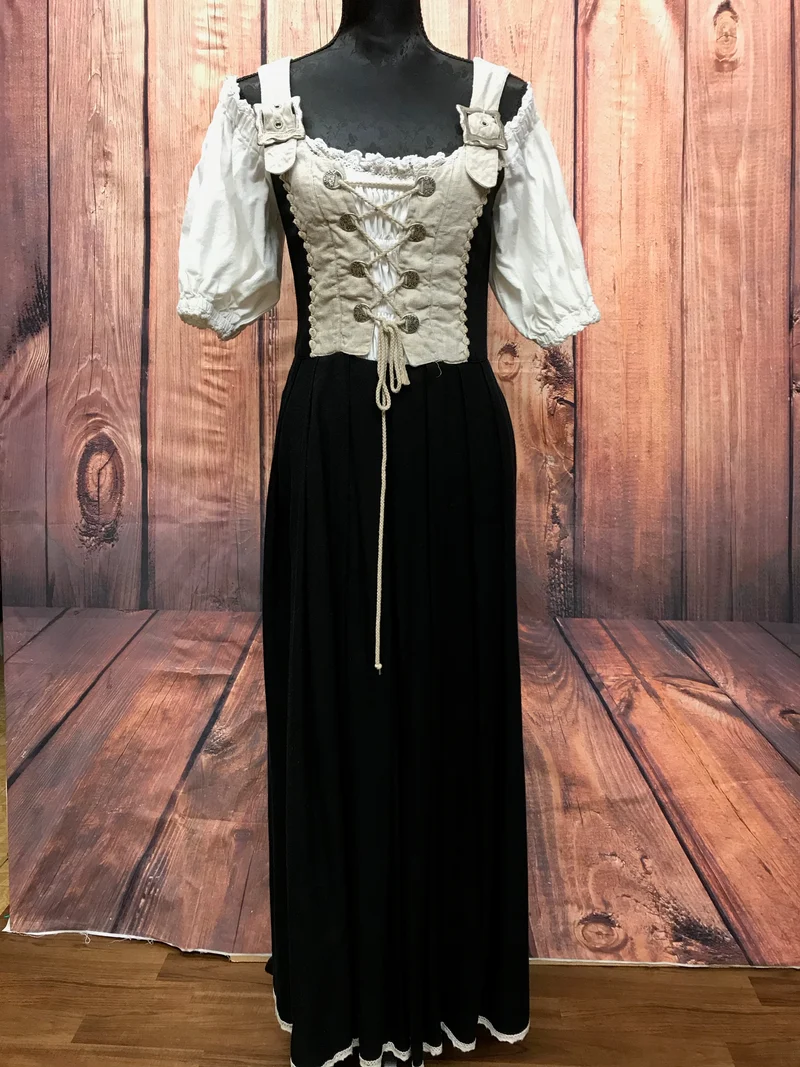 Vintage Landhauskleid lang Natur Schwarz Gr. 36 mit Schnürung