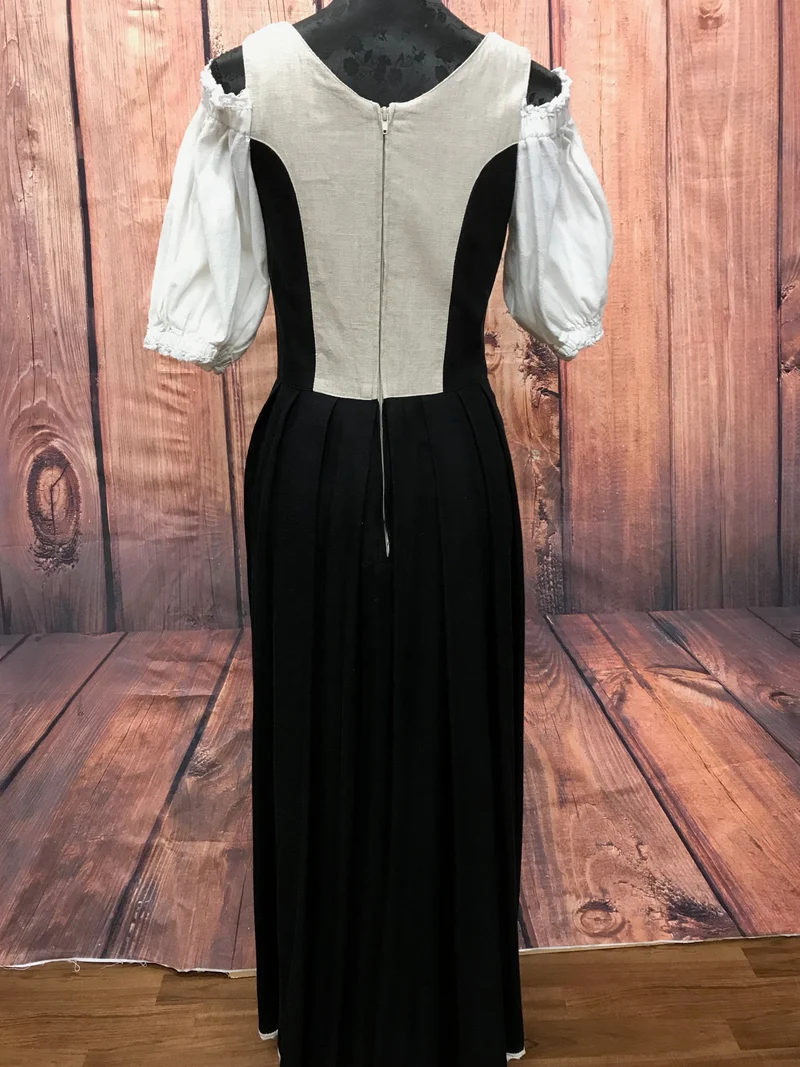 Vintage Landhauskleid lang Natur Schwarz Gr. 36 mit Schnürung