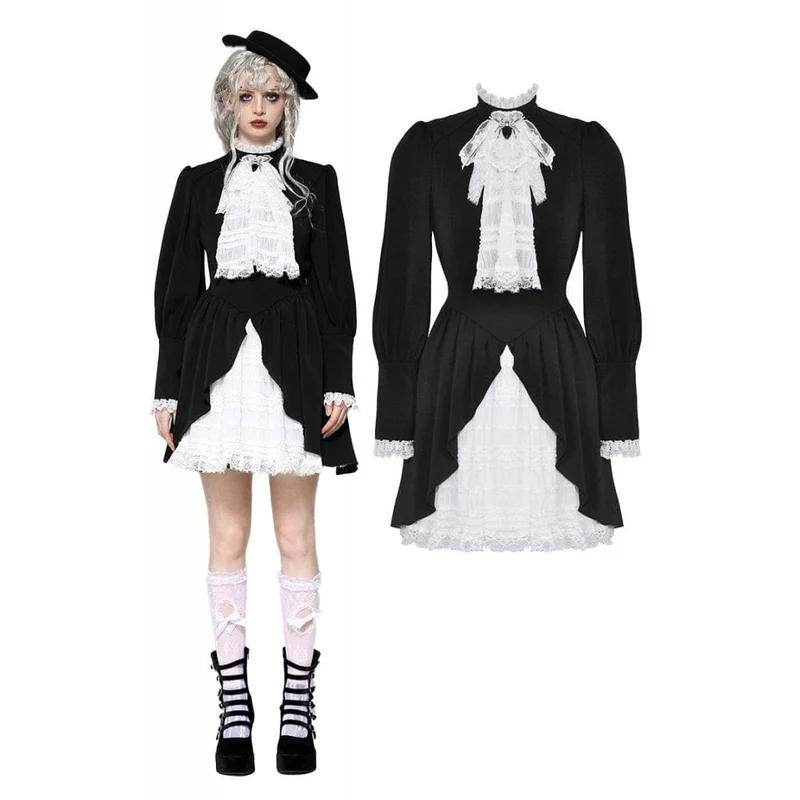 Damen Gothic Plissee Spitze Kurzes Kleid Schwarz Weiß