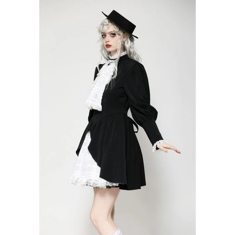 Damen Gothic Plissee Spitze Kurzes Kleid Schwarz Weiß