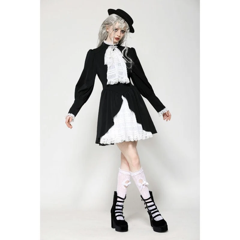Damen Gothic Plissee Spitze Kurzes Kleid Schwarz Weiß