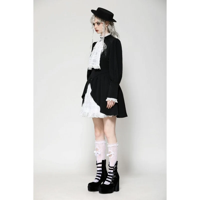 Damen Gothic Plissee Spitze Kurzes Kleid Schwarz Weiß