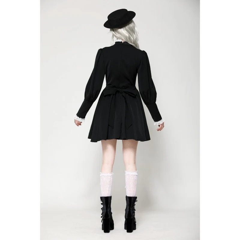 Damen Gothic Plissee Spitze Kurzes Kleid Schwarz Weiß