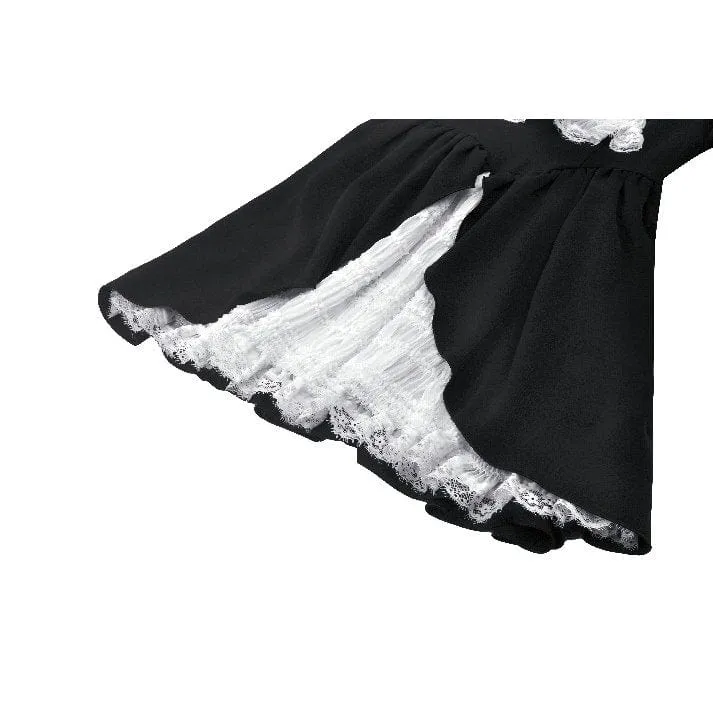 Damen Gothic Plissee Spitze Kurzes Kleid Schwarz Weiß