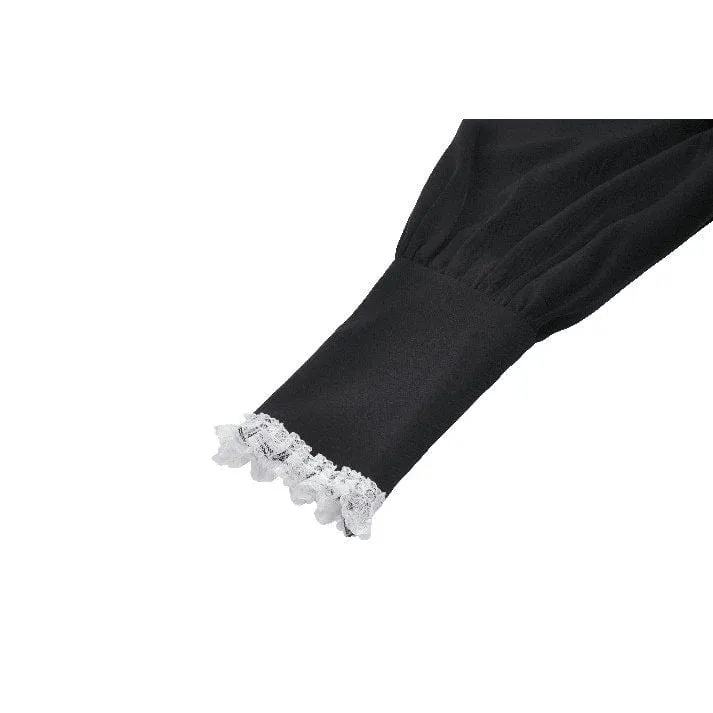 Damen Gothic Plissee Spitze Kurzes Kleid Schwarz Weiß