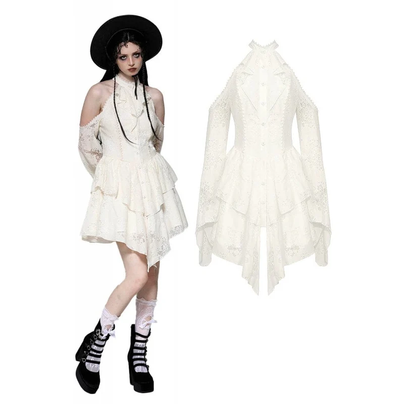 Steampunk-Kleid mit zerrissenen Schultern für Damen, Beige