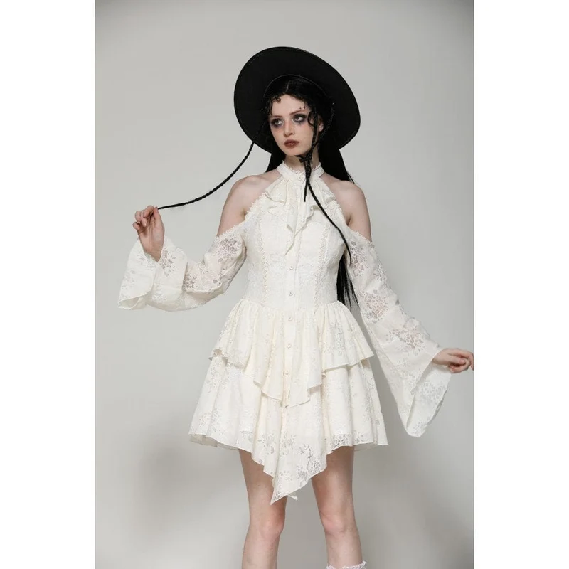 Steampunk-Kleid mit zerrissenen Schultern für Damen, Beige