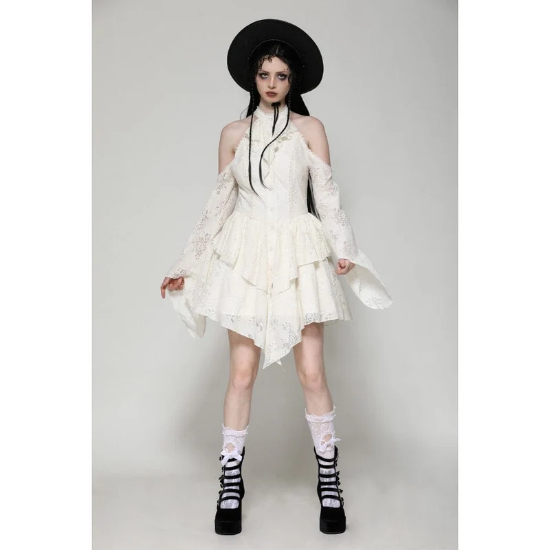 Steampunk-Kleid mit zerrissenen Schultern für Damen, Beige