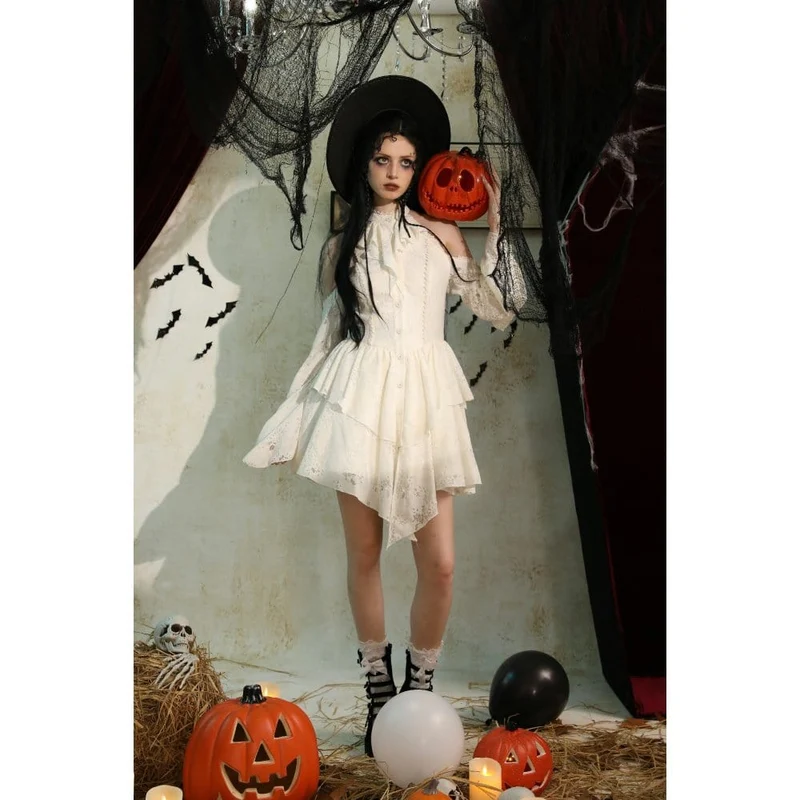 Steampunk-Kleid mit zerrissenen Schultern für Damen, Beige