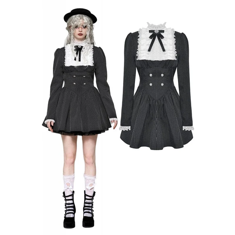 Gothic Lolita Rüschenkleid aus Spitze, kurzes Damenkleid, Abschlusskleid, Schwarz-Weiß