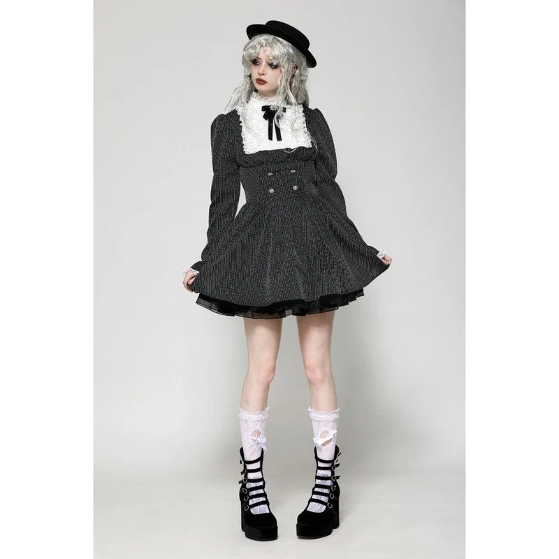 Gothic Lolita Rüschenkleid aus Spitze, kurzes Damenkleid, Abschlusskleid, Schwarz-Weiß